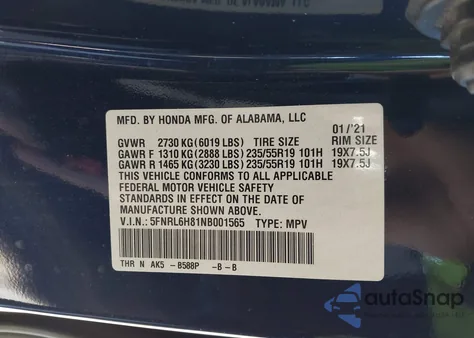 2022 Honda Odyssey Touring z USA, uszkodzony, nr VIN 5FNRL6H81NB001565